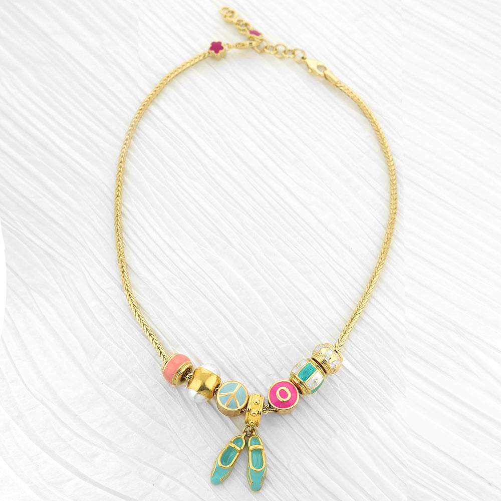 Gabriella Beads Necklace with gold-tone chain, turquoise beads and slipper charms on Tampa Home & Garden Store