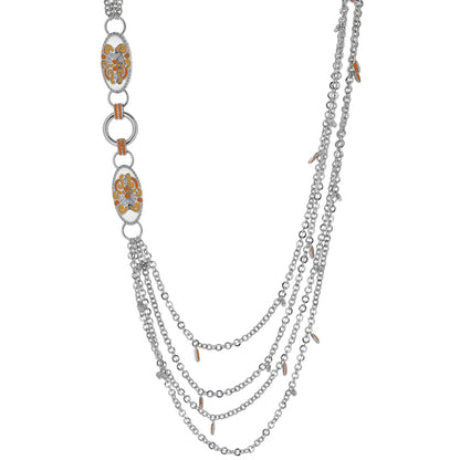 Psychedelic Swirls Necklace by Lauren G Adams, silver multi-chain with orange filigree ovals on Tampa Home & Garden Store