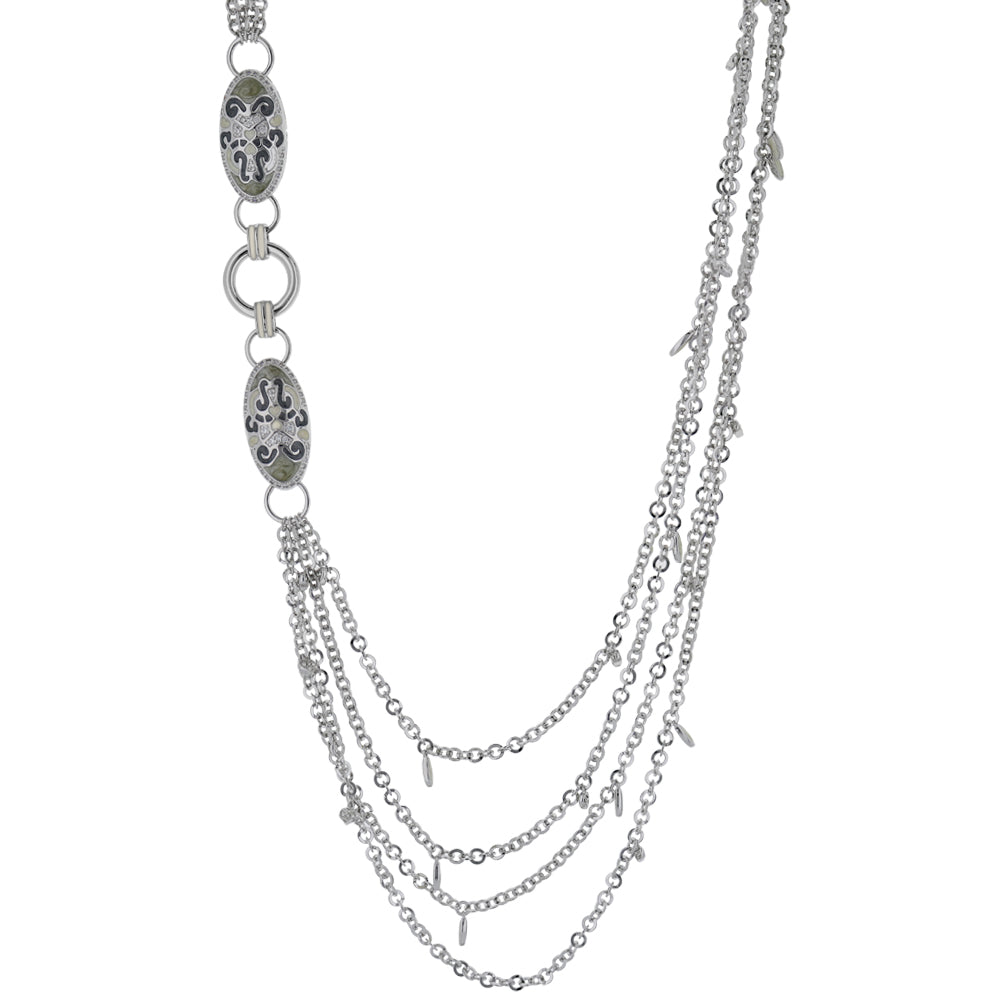 Psychedelic Swirls Necklace by Lauren G Adams, silver-tone multi-chain with etched oval medallions on Tampa Home & Garden Store