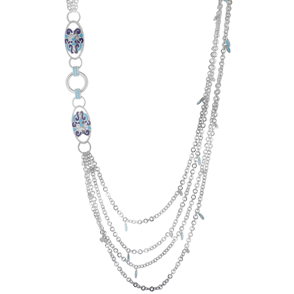 Psychedelic Swirls Necklace with silver-tone multi-chain strands and blue swirl charms on Tampa Home & Garden Store
