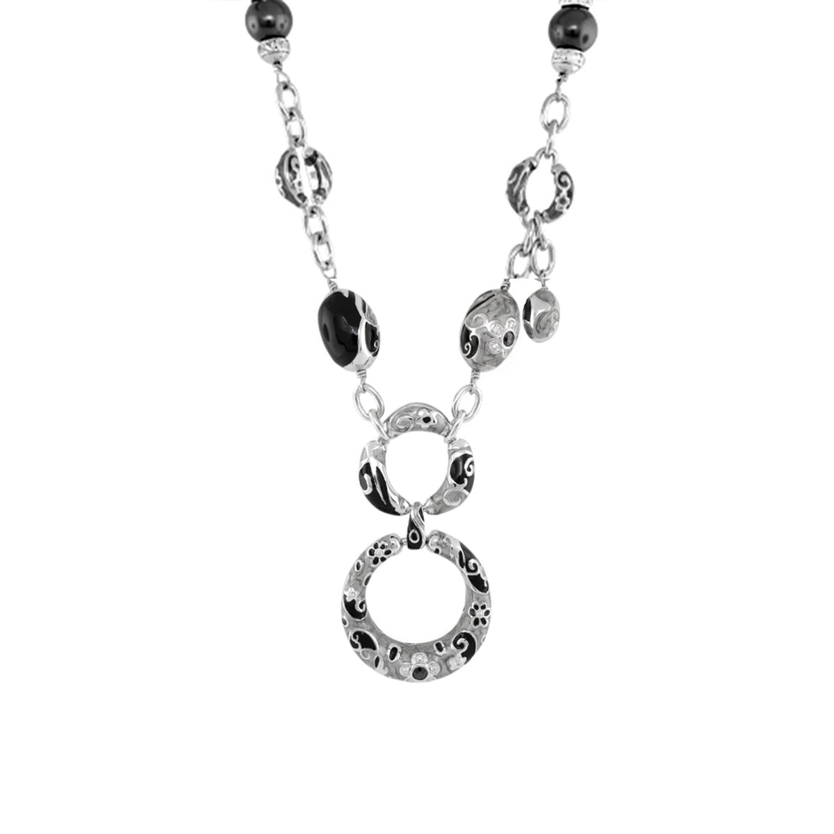 Lauren G Adams Daisy Swirl Necklace pendant in silver with black beads and circular charms on Tampa Home & Garden Store