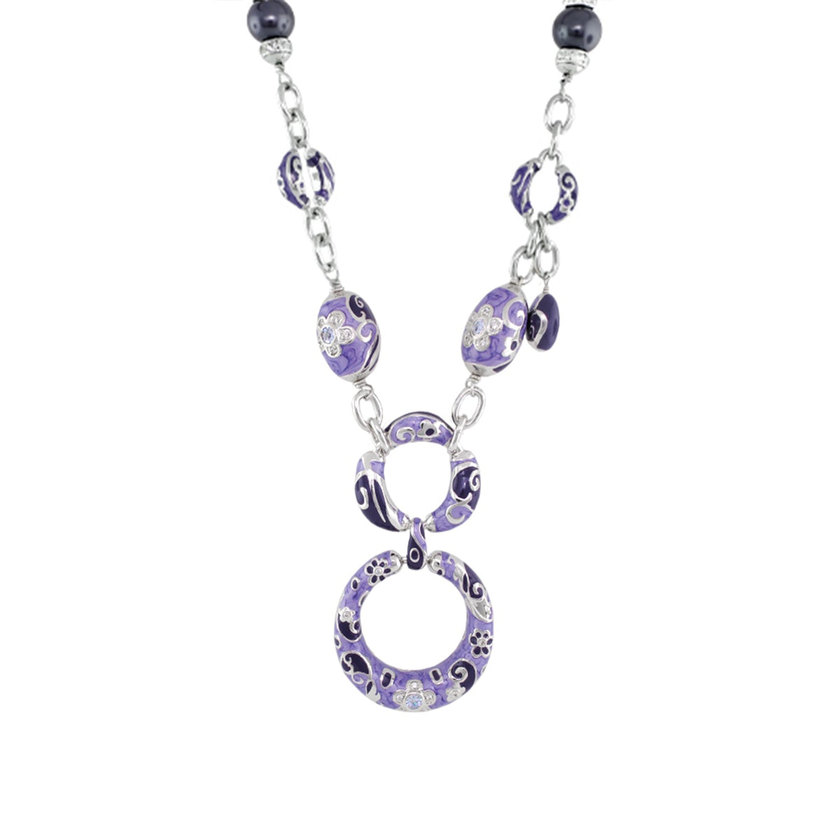 Daisy Swirl Necklace pendant in purple enamel with silver floral filigree and ring dangles on Tampa Home & Garden Store