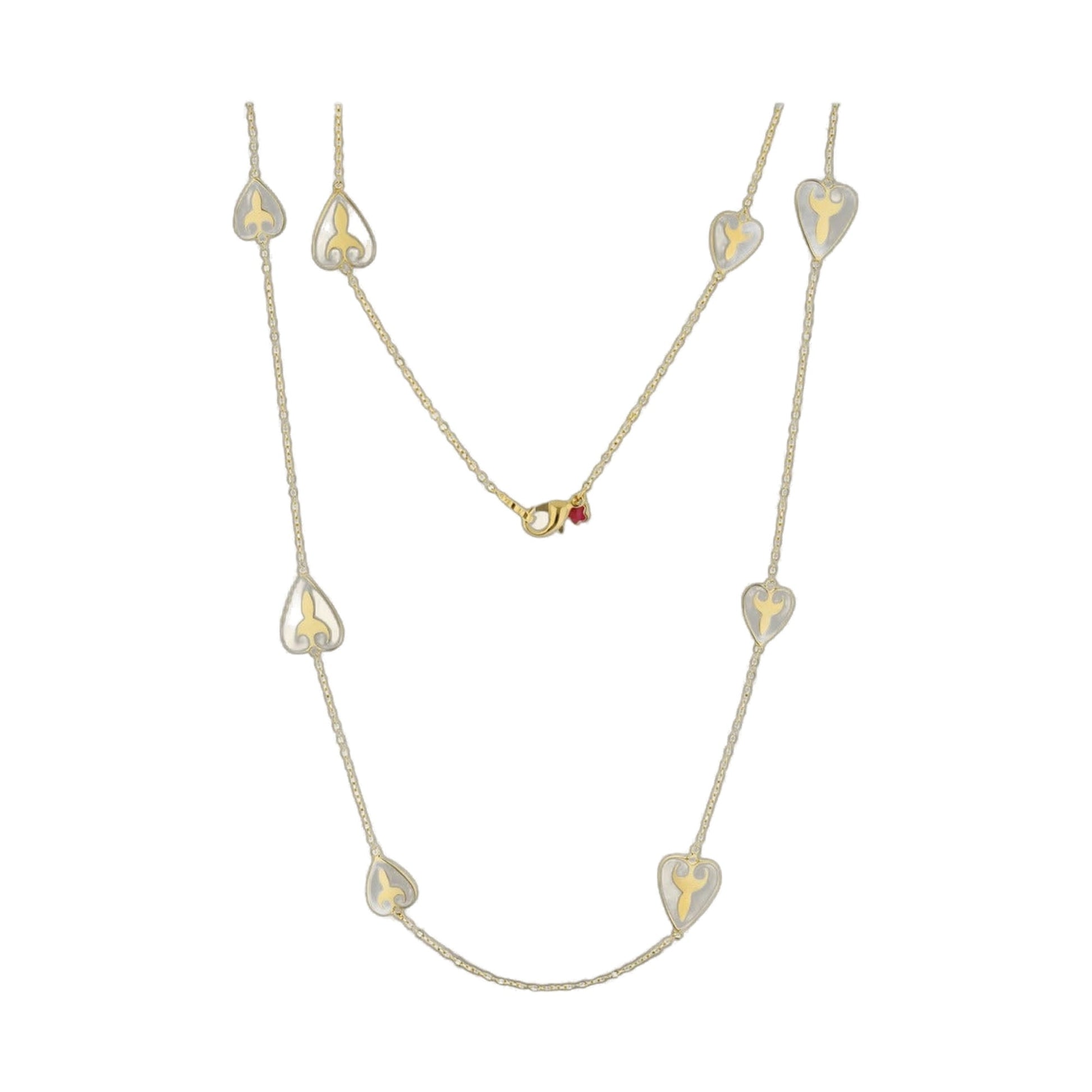 Bows And Hearts Necklace Gold Plated Brass with ivory enamel heart charms on chain on Tampa Home & Garden Store
