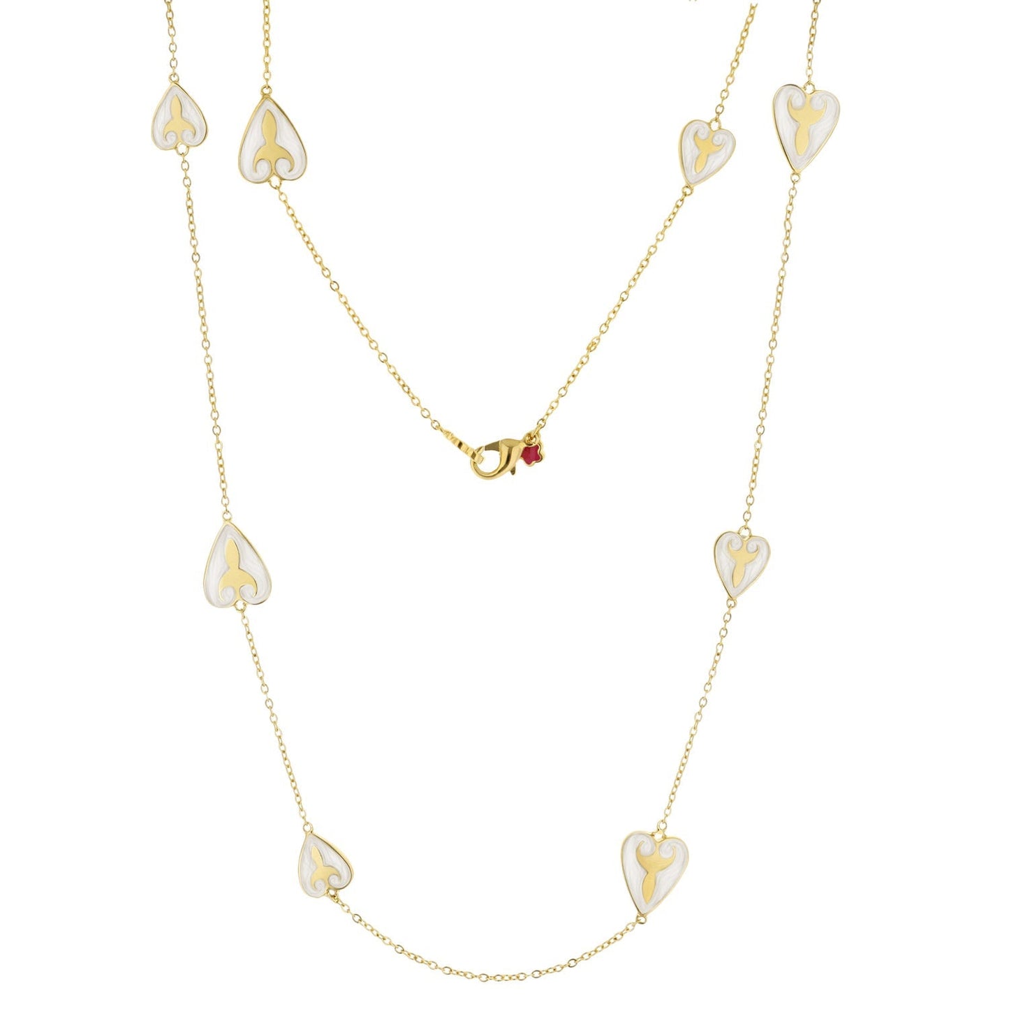 Bows And Hearts necklace gold plated brass with white enamel heart charms on delicate chains by Lauren G Adams on Tampa Home & Garden Store