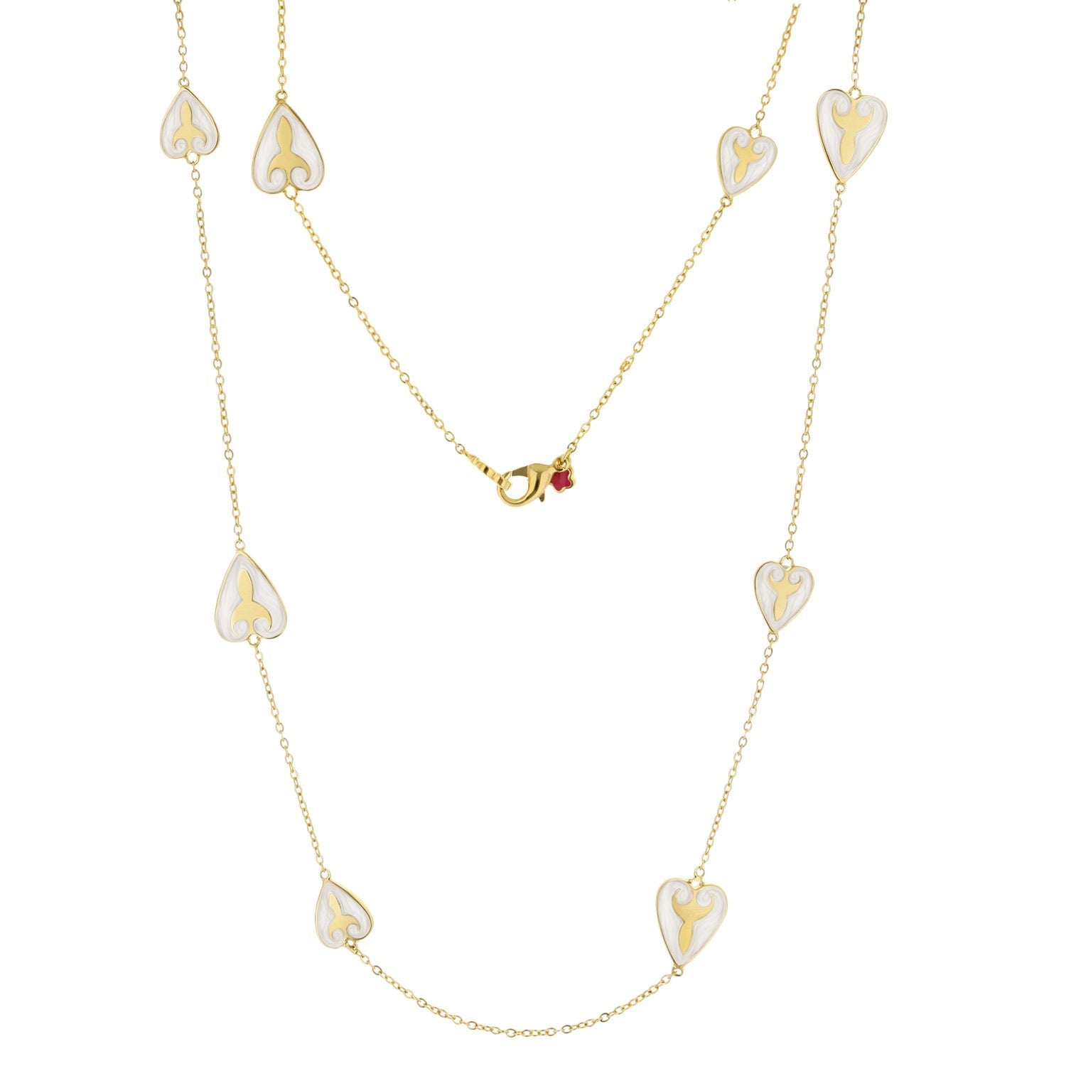 Bows And Hearts necklace gold plated brass with white enamel heart charms on delicate chains by Lauren G Adams on Tampa Home & Garden Store