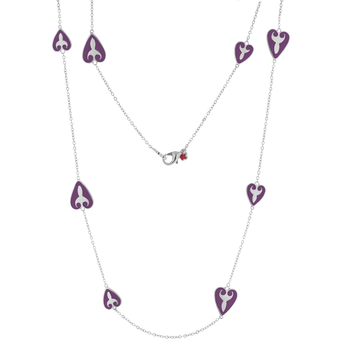 Bows And Hearts Necklace purple enamel heart charms on silver chain with red gem on Tampa Home & Garden Store