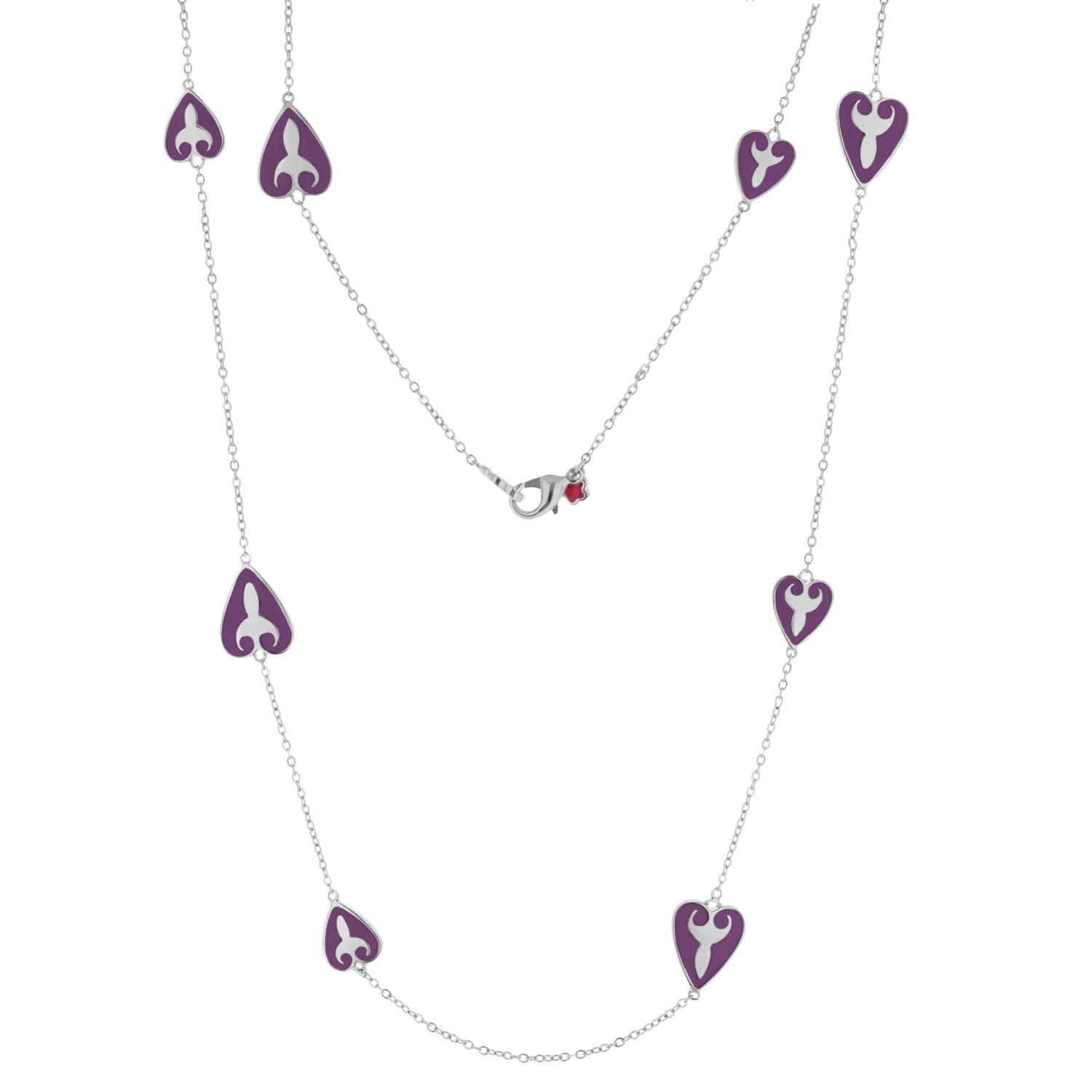 Bows And Hearts Necklace purple enamel heart charms on silver chain with red gem on Tampa Home & Garden Store