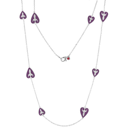 Bows And Hearts Necklace purple enamel heart charms on silver chain with red gem on Tampa Home & Garden Store