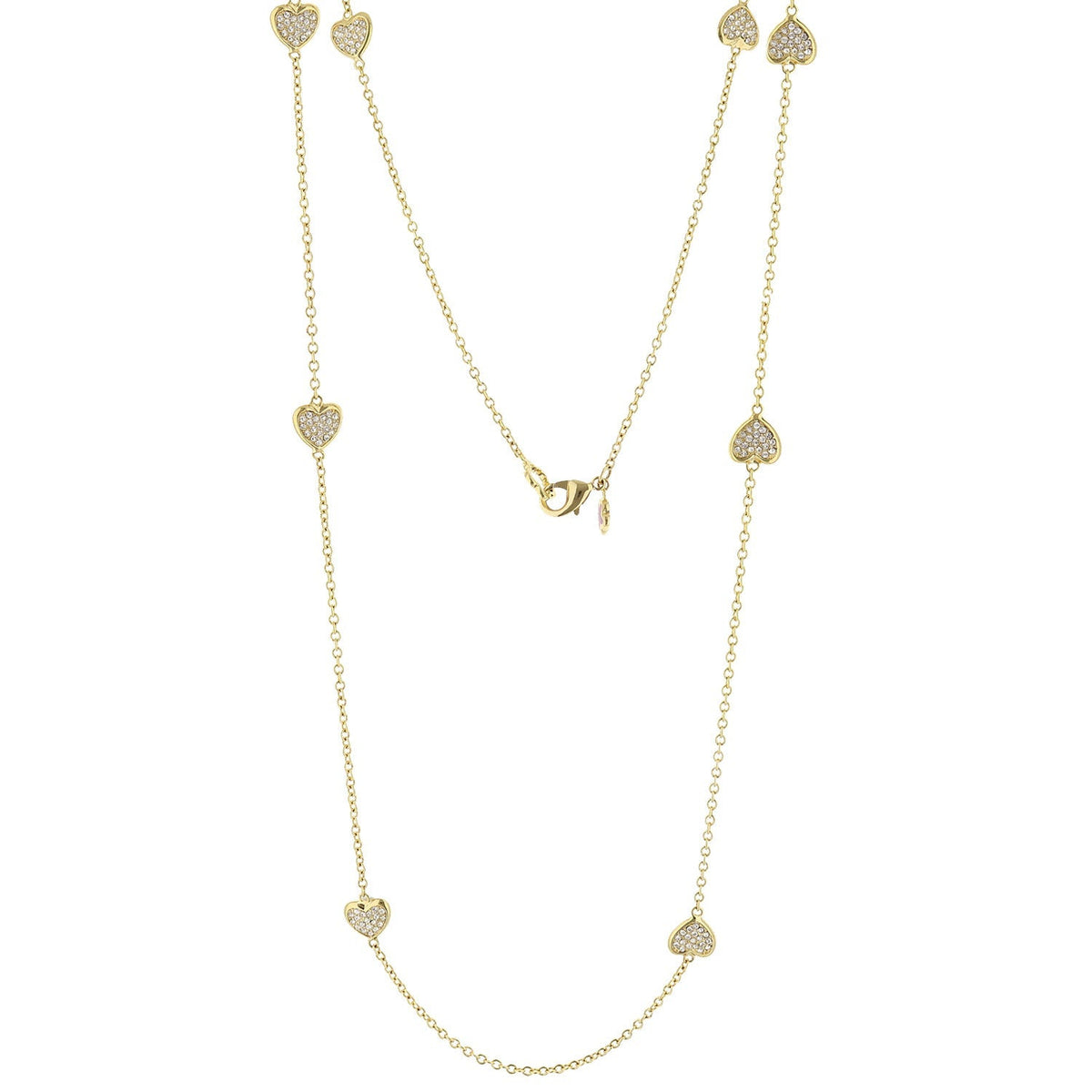 Pave Love Necklace Long 48 Inch Brass Base by Lauren G Adams with pave heart charms on Tampa Home & Garden Store
