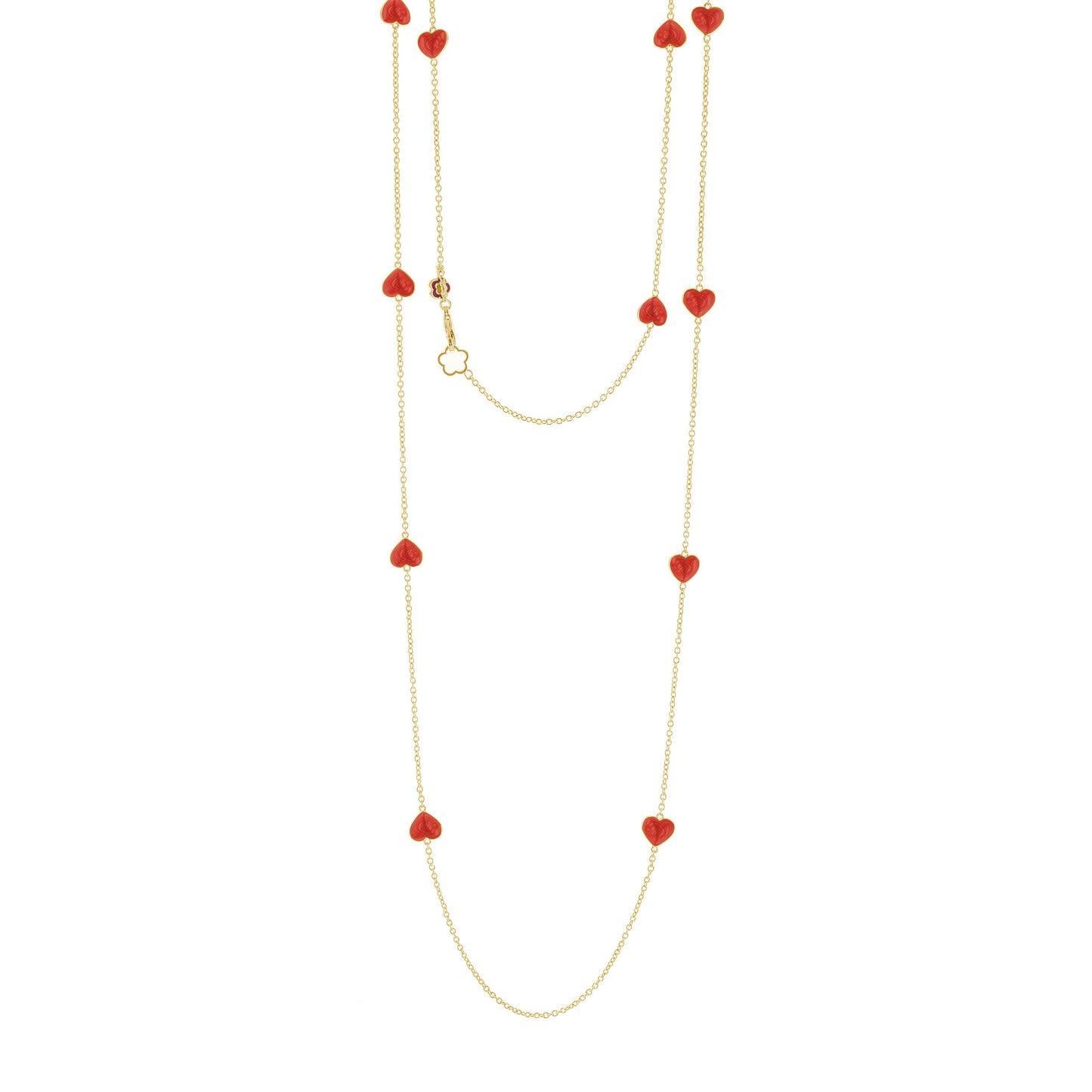 Lots of Love Necklace long gold-tone chain with red enamel heart charms by Lauren G Adams, layered look on Tampa Home & Garden Store