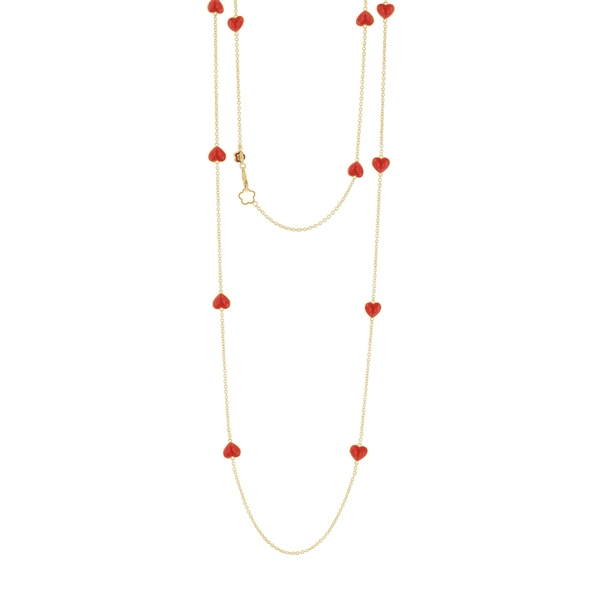 Lots of Love Necklace long gold-tone chain with red enamel heart charms by Lauren G Adams, layered look on Tampa Home & Garden Store