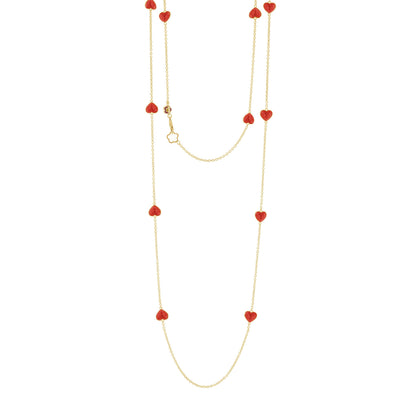 Lots of Love Necklace long gold-tone chain with red enamel heart charms by Lauren G Adams, layered look on Tampa Home & Garden Store