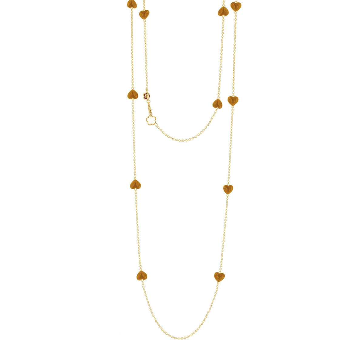Lots of Love Long Necklace gold-tone with heart charms along a delicate chain on Tampa Home & Garden Store