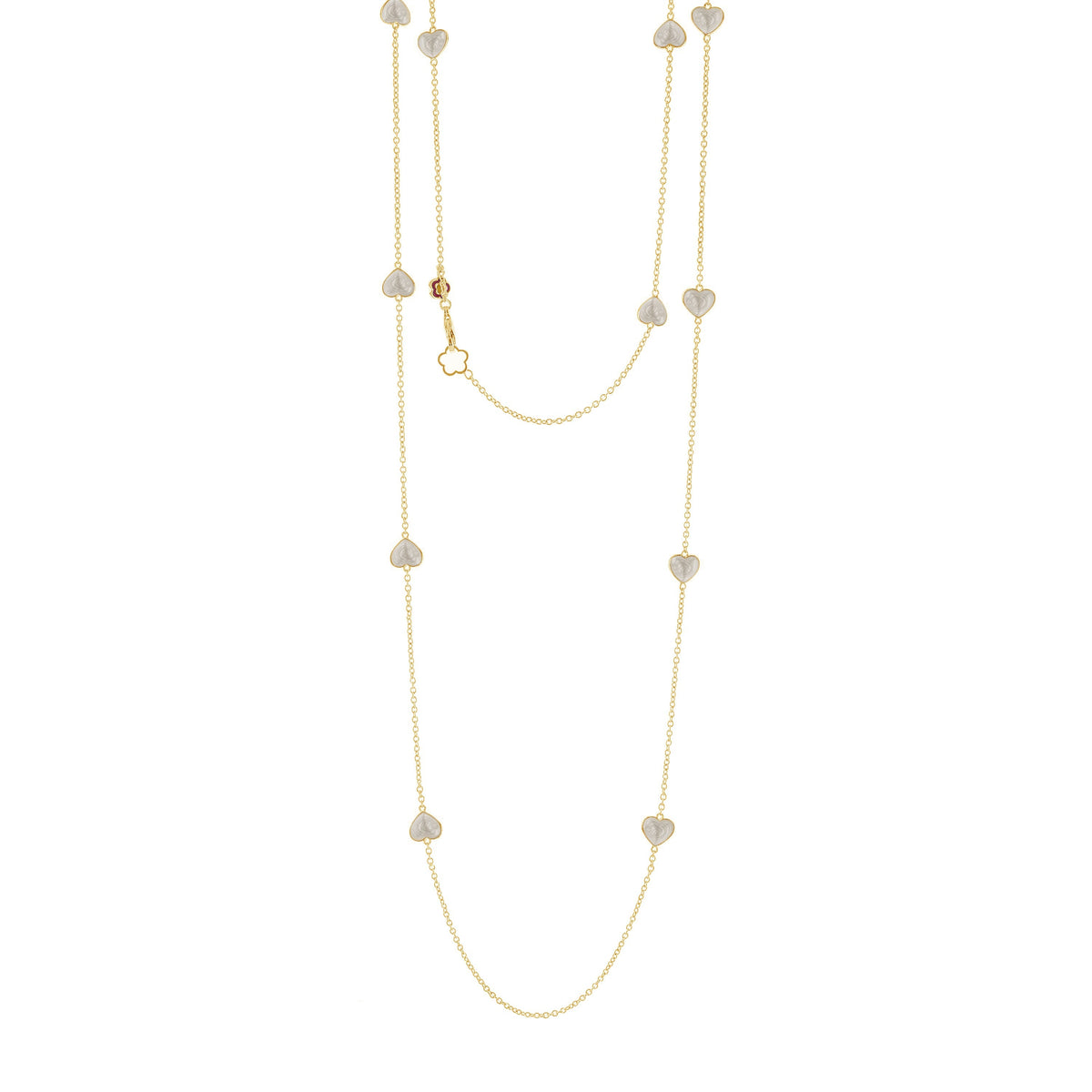 Lots of Love Long Necklace by Lauren G Adams, gold-tone chain with white heart charms on Tampa Home & Garden Store