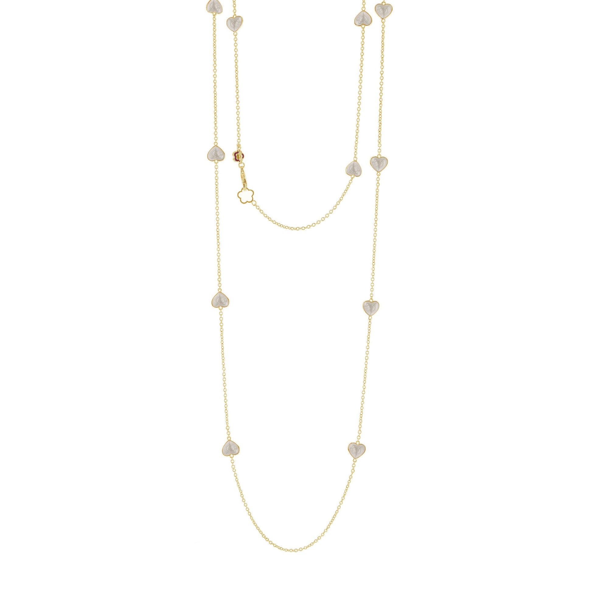 Lots of Love Long Necklace by Lauren G Adams, gold-tone chain with white heart charms on Tampa Home & Garden Store