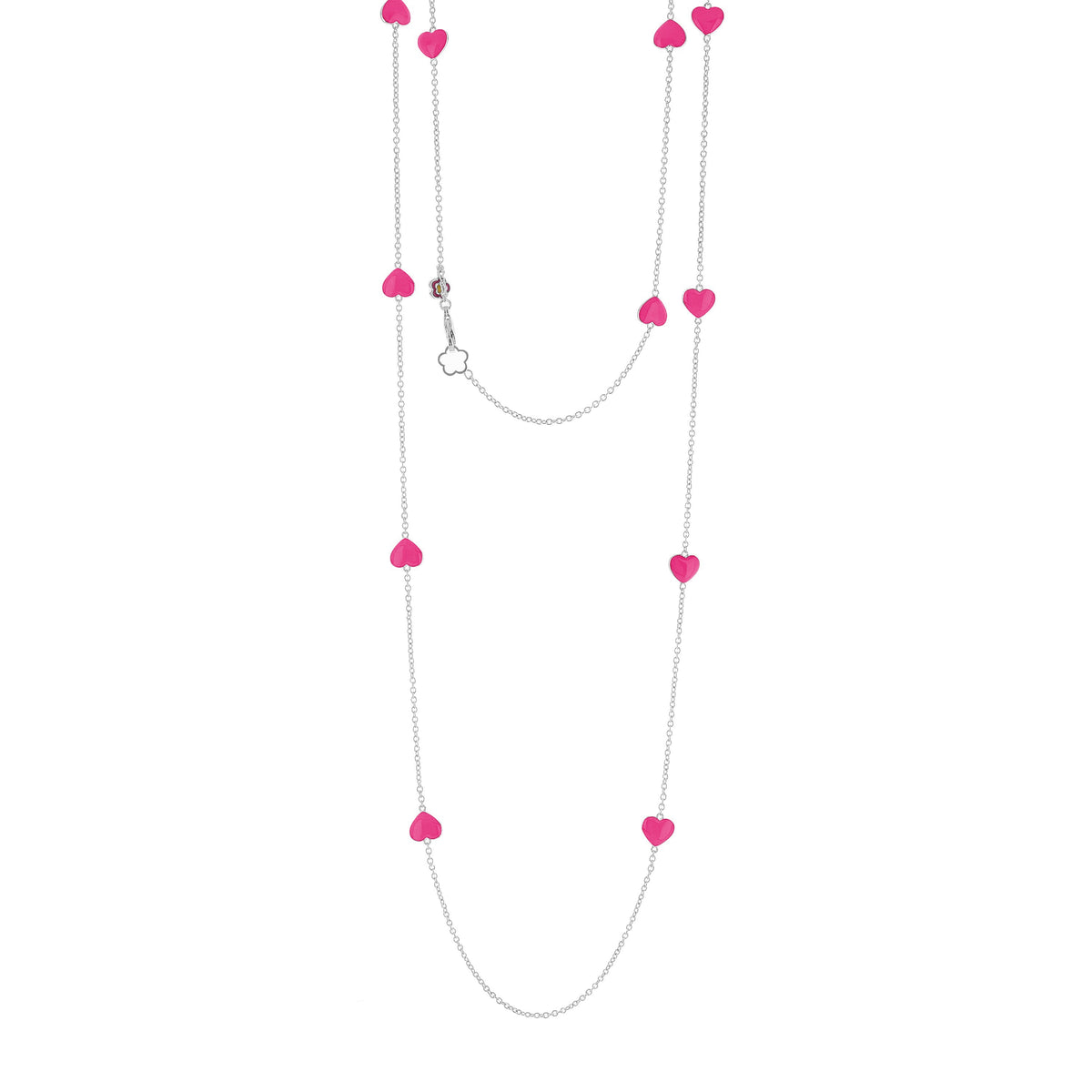 Lots of Love Necklace by Lauren G Adams, long silver chain with pink heart charms on Tampa Home & Garden Store