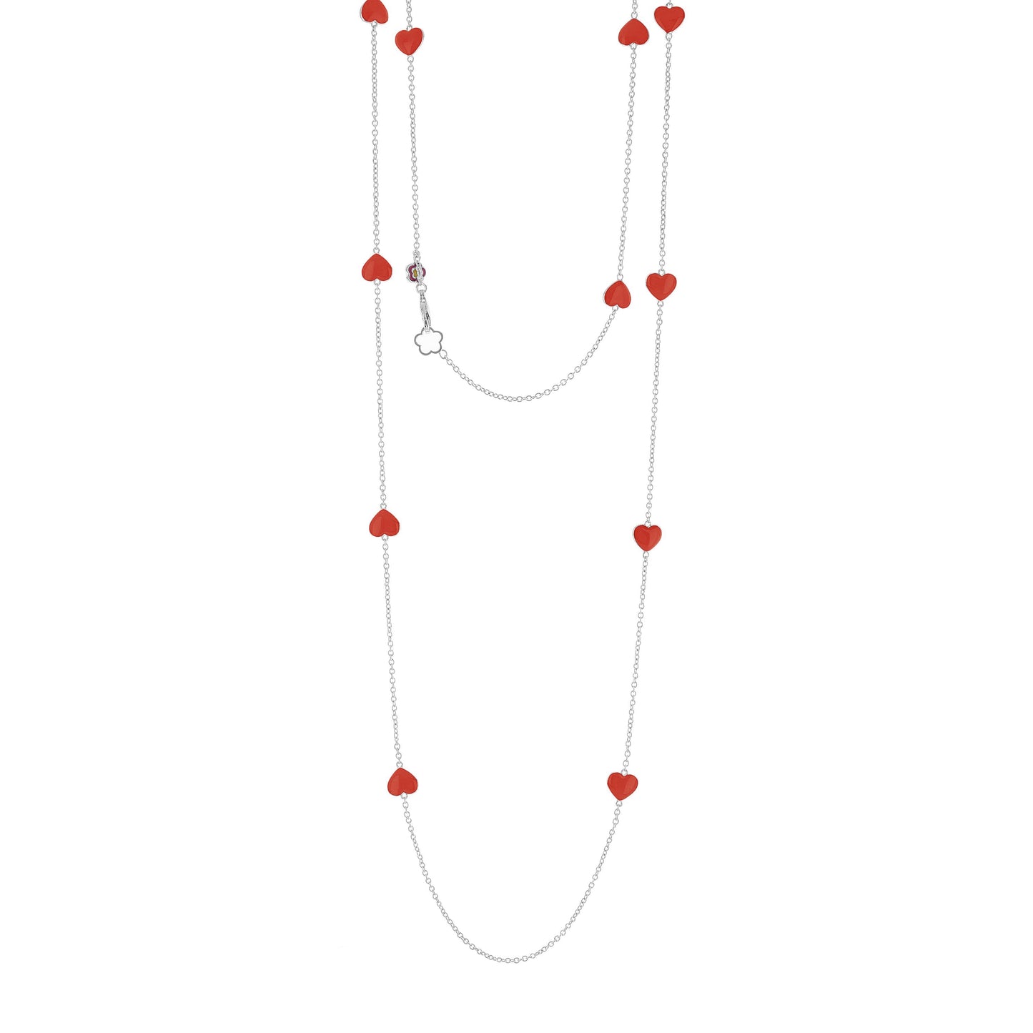 Lots of Love Necklace by Lauren G Adams with red enamel heart charms on silver chains on Tampa Home & Garden Store