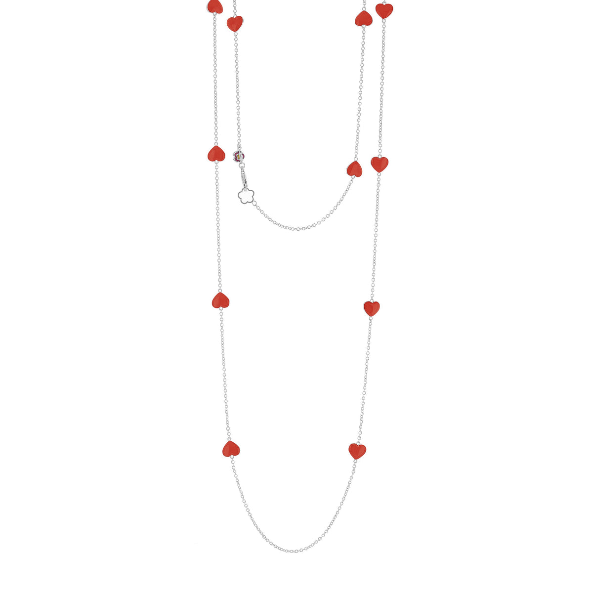 Lots of Love Necklace by Lauren G Adams with red enamel heart charms on silver chains on Tampa Home & Garden Store