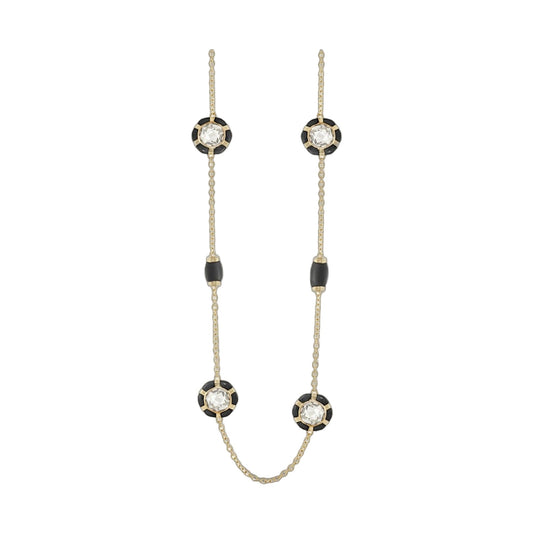 Prince Charming Necklace by Lauren G Adams, gold-tone chain with black and clear crystal circular pendant on Tampa Home & Garden Store