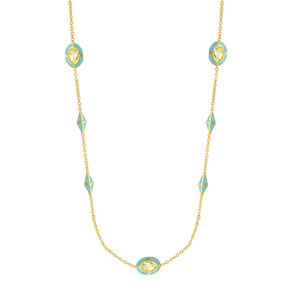 Prince Charming Necklace, gold-tone statement necklace with turquoise enamel and yellow stones on Tampa Home & Garden Store