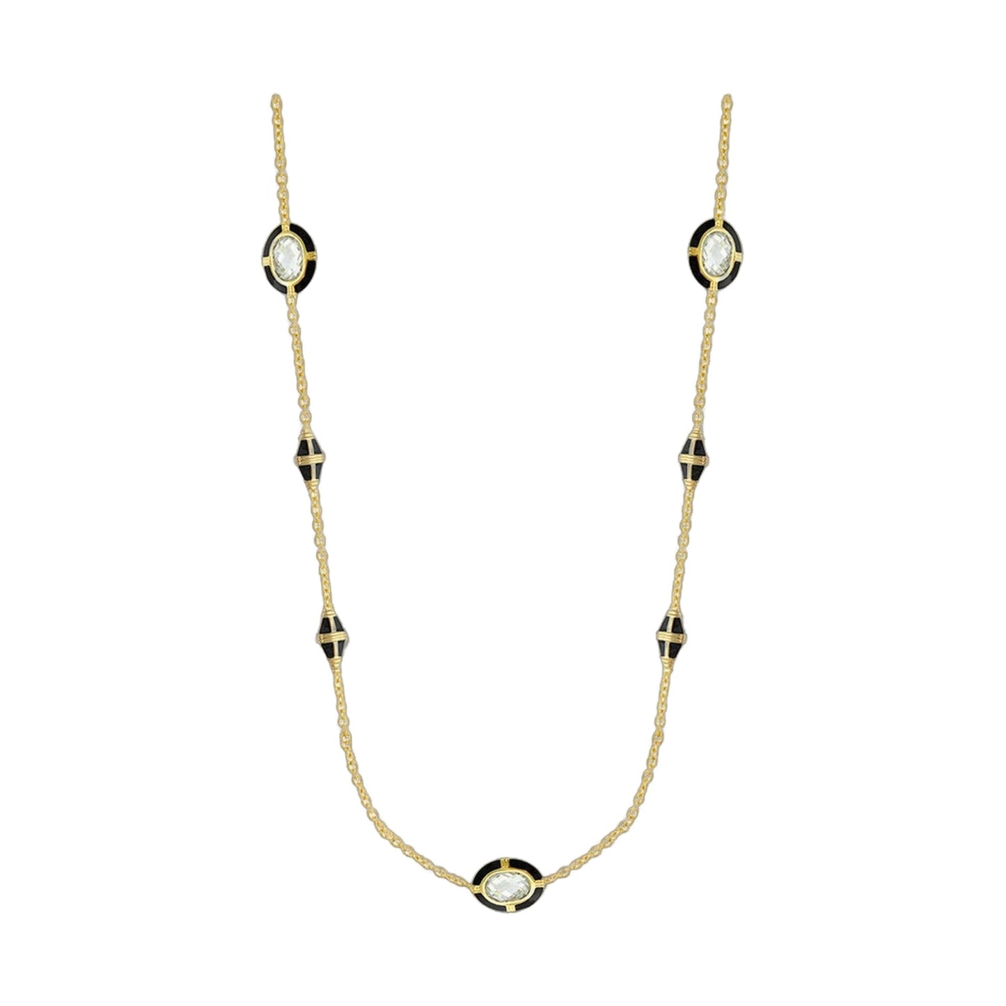 Prince Charming Necklace, gold-tone chain with black enamel circle pendant and crystal center on Tampa Home & Garden Store