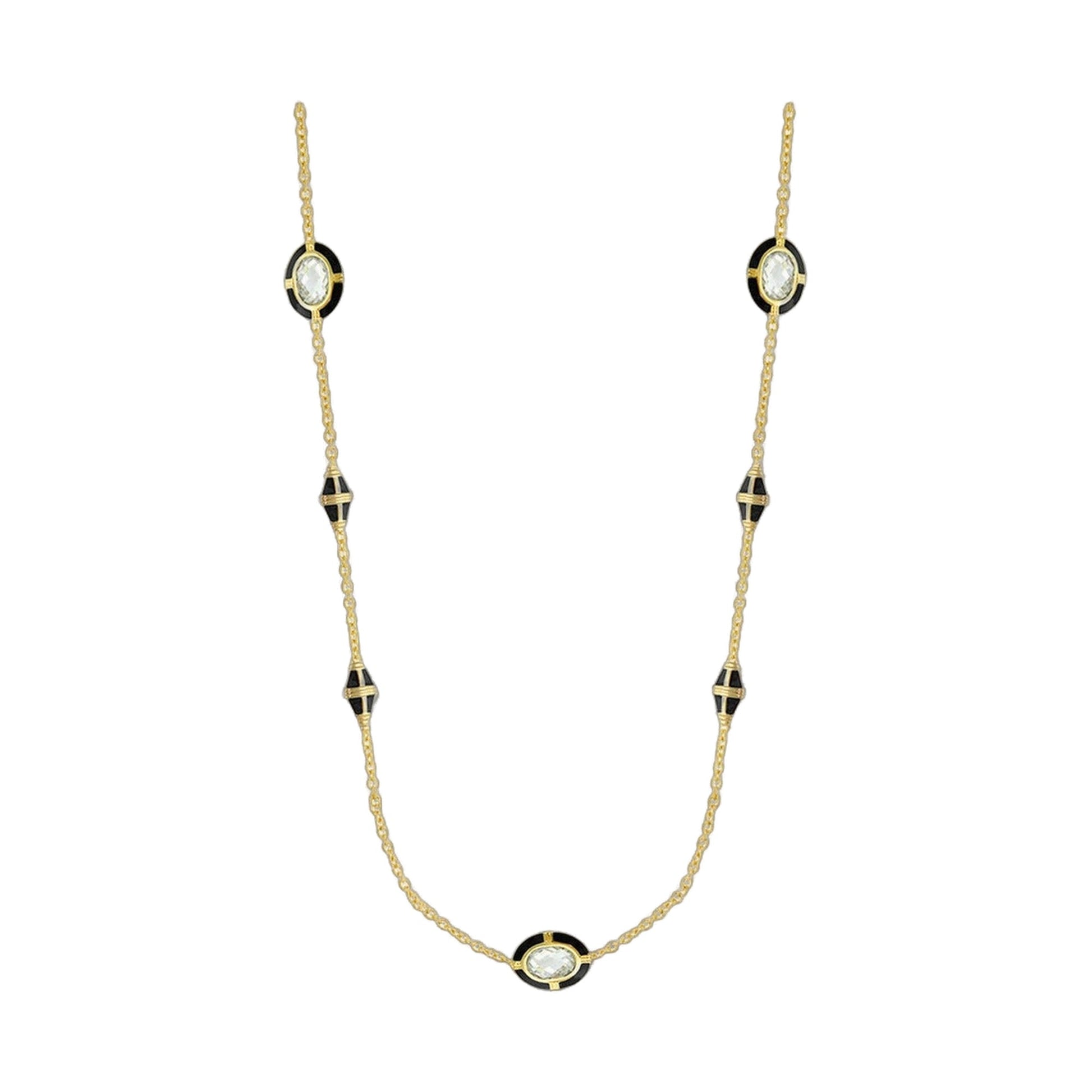 Prince Charming Necklace, gold-tone chain with black enamel circle pendant and crystal center on Tampa Home & Garden Store