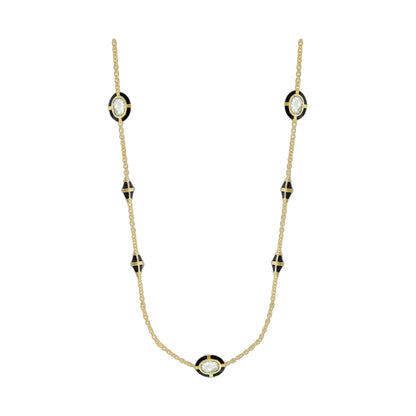 Prince Charming Necklace, gold-tone chain with black enamel circle pendant and crystal center on Tampa Home & Garden Store