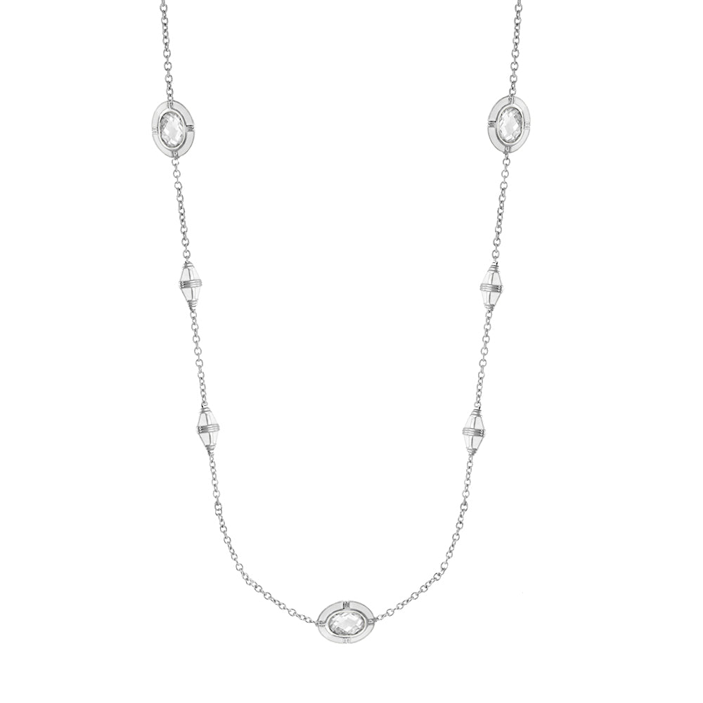 Prince Charming Necklace silver chain with bezel-set oval crystals and spaced capsule beads on Tampa Home & Garden Store