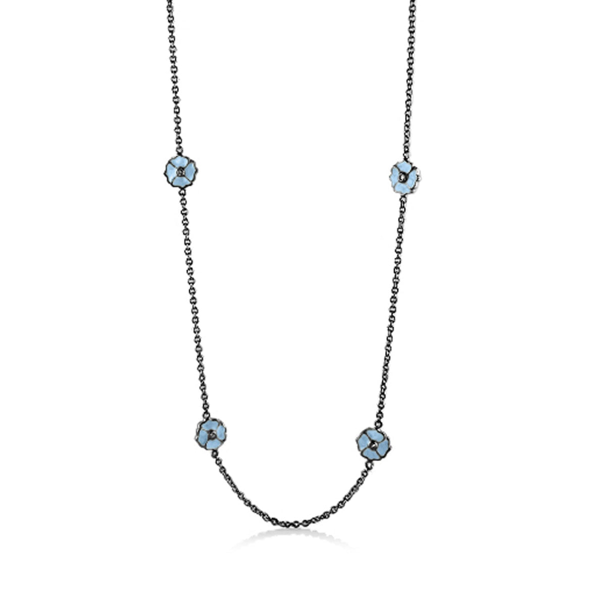 Poppy Love Long Necklace by Lauren G Adams with light blue floral beads on a gunmetal chain on Tampa Home & Garden Store