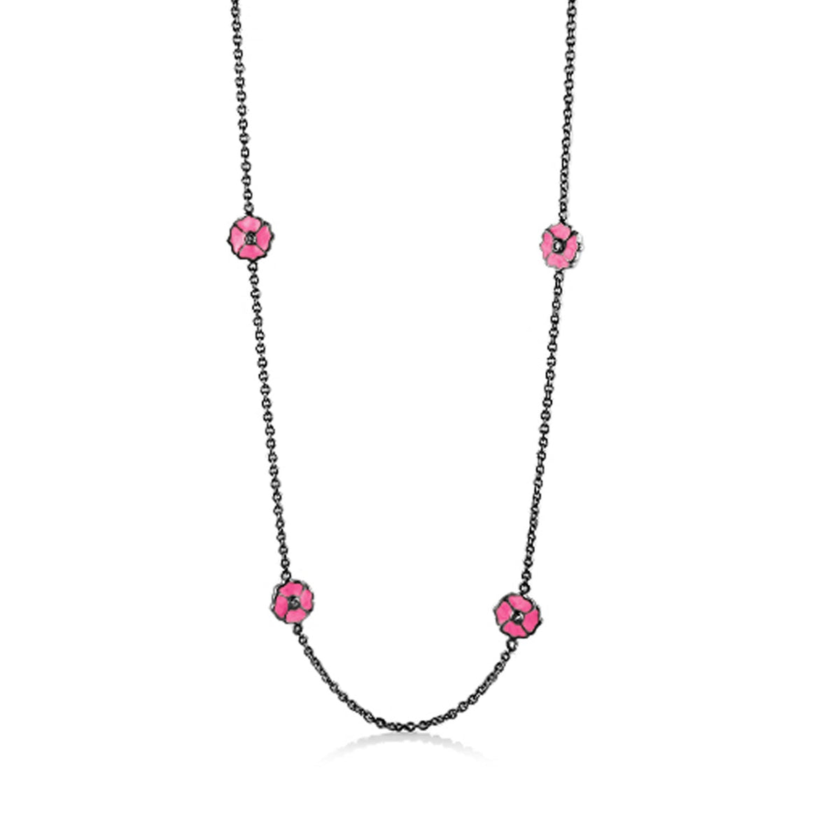 Poppy Love Long Necklace with pink poppy charms on a silver-tone chain on Tampa Home & Garden Store