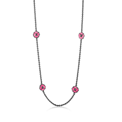 Poppy Love Long Necklace with pink poppy charms on a silver-tone chain on Tampa Home & Garden Store