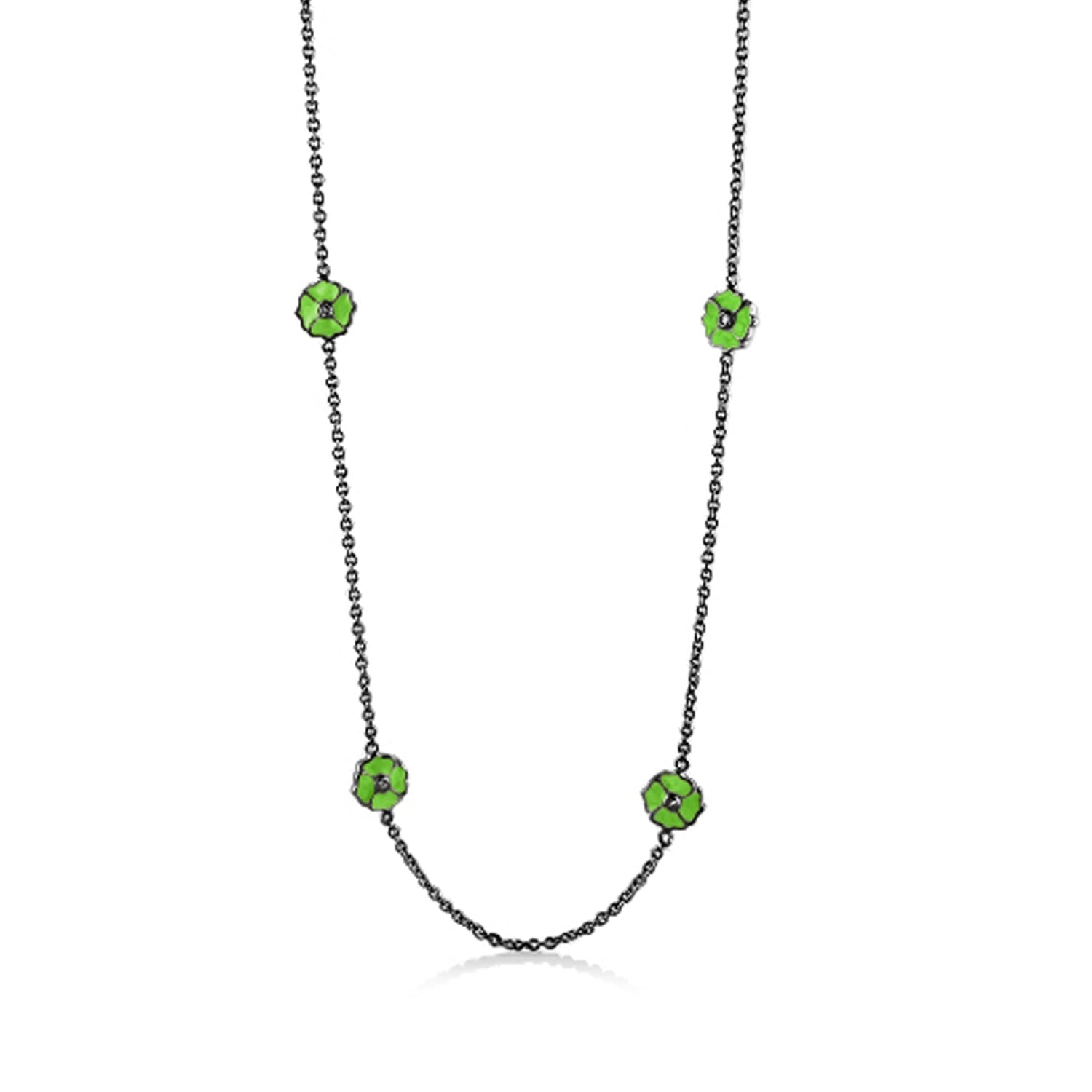 Poppy Love Long Necklace by Lauren G Adams on gunmetal chain with lime green flower beads on Tampa Home & Garden Store