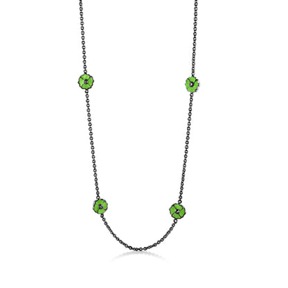 Poppy Love Long Necklace by Lauren G Adams on gunmetal chain with lime green flower beads on Tampa Home & Garden Store