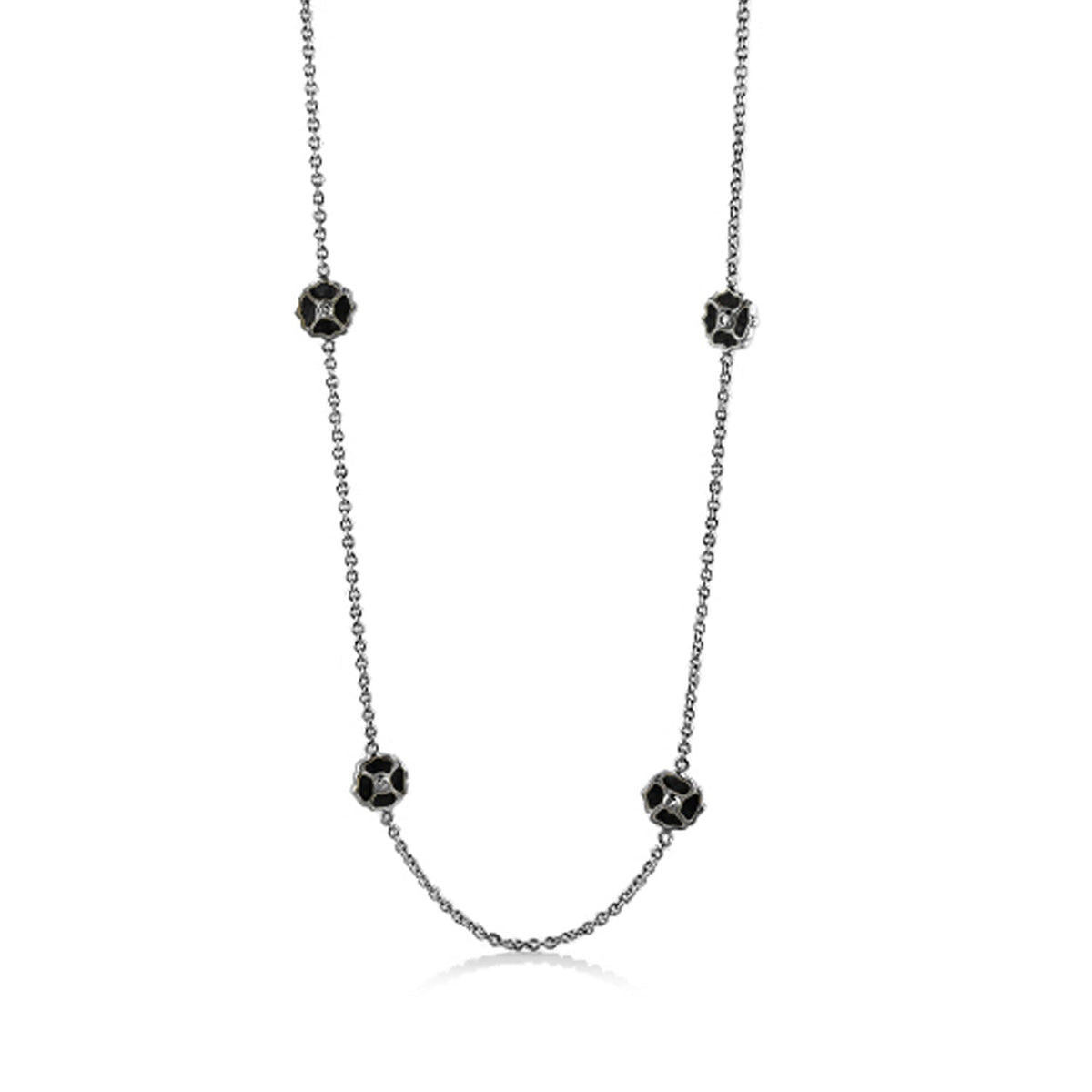 Poppy Love Long Necklace by Lauren G Adams, silver chain with black floral bead accents on Tampa Home & Garden Store