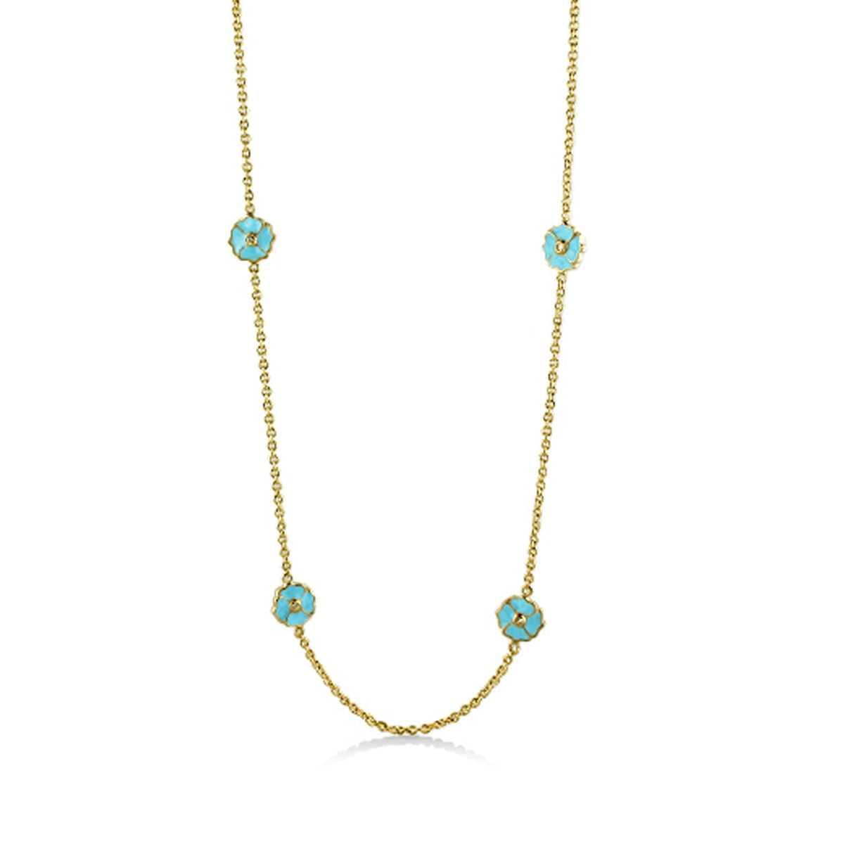 Poppy Love Long Necklace by Lauren G Adams with turquoise enamel flower beads on gold chain on Tampa Home & Garden Store