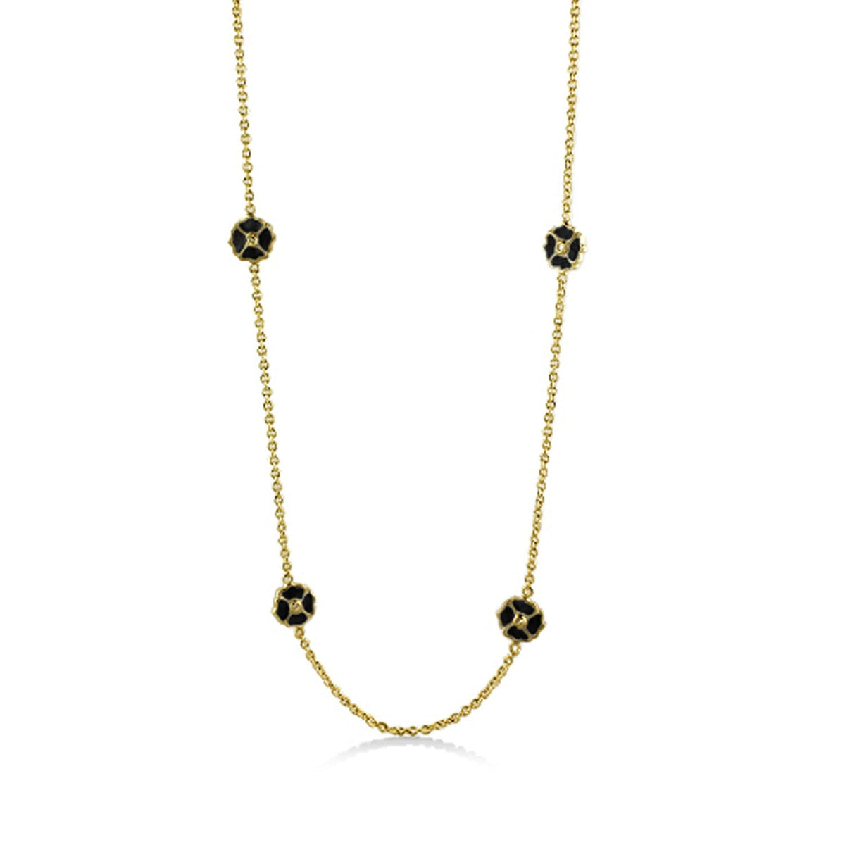 Poppy Love Long Necklace gold chain with black enamel poppy charms by Lauren G Adams on Tampa Home & Garden Store