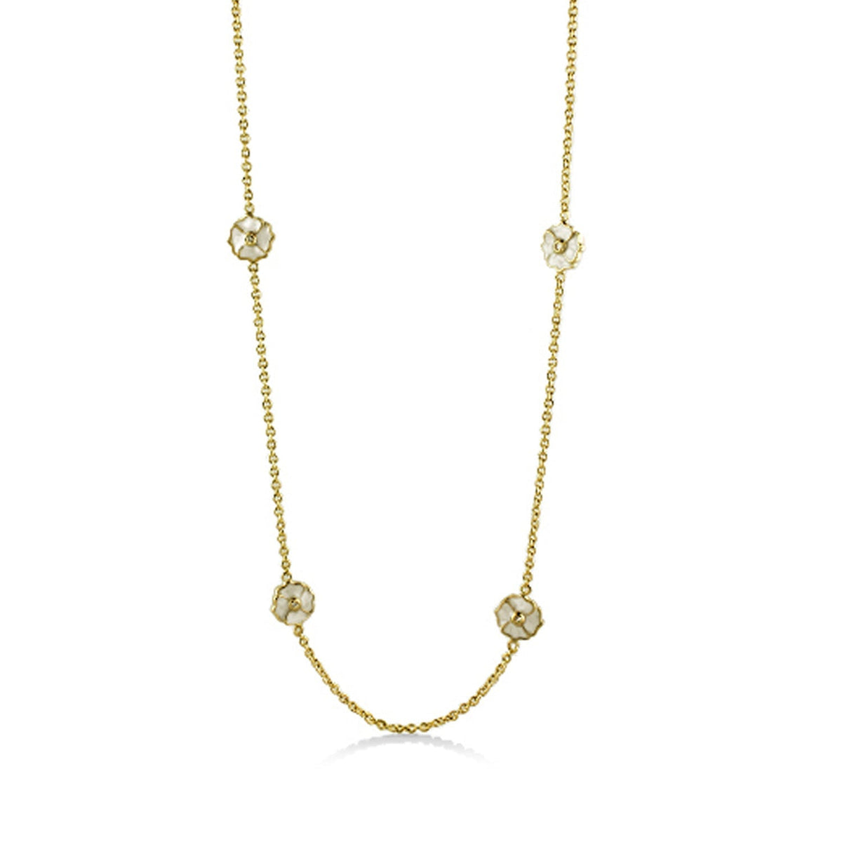 Poppy Love Long Necklace by Lauren G Adams, gold-tone chain with white enamel poppy charms on Tampa Home & Garden Store