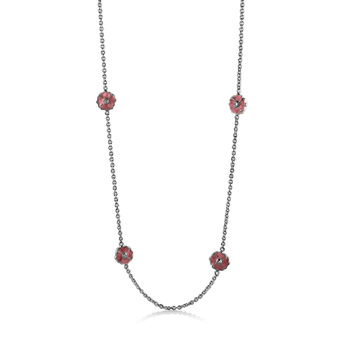 Poppy Love Long Necklace with pink flower charms on a silver chain by Lauren G Adams on Tampa Home & Garden Store