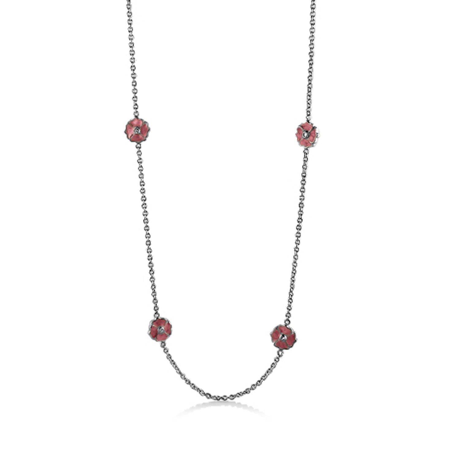 Poppy Love Long Necklace with pink flower charms on a silver chain by Lauren G Adams on Tampa Home & Garden Store