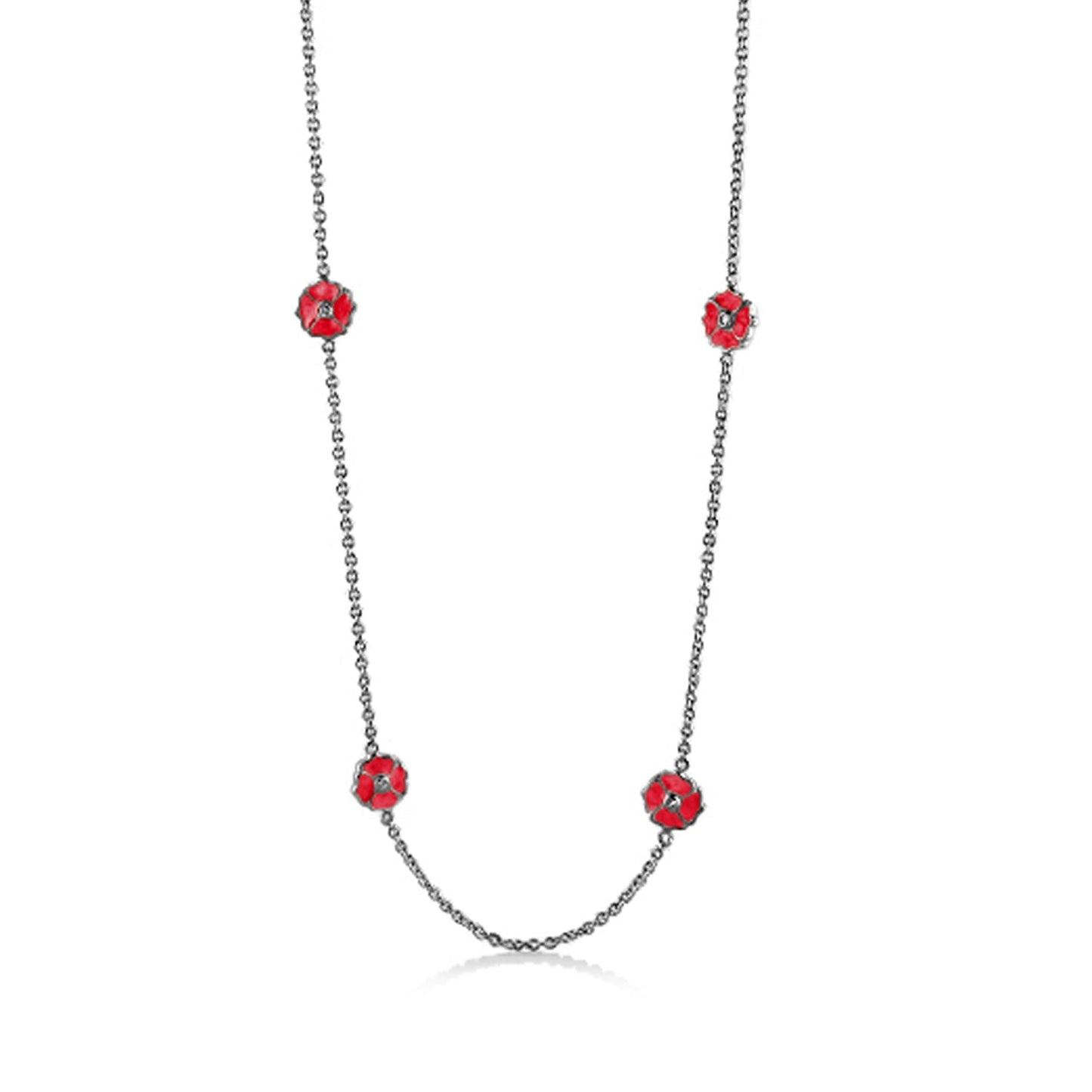 Poppy Love Long Necklace by Lauren G Adams; silver-tone chain with red enamel poppy charms on Tampa Home & Garden Store