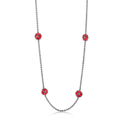 Poppy Love Long Necklace by Lauren G Adams; silver-tone chain with red enamel poppy charms on Tampa Home & Garden Store