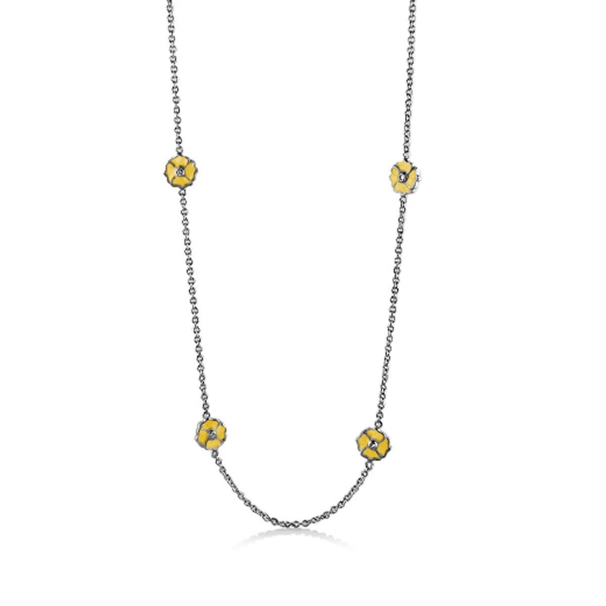 Poppy Love Long Necklace by Lauren G Adams with yellow poppy charms on a silver chain on Tampa Home & Garden Store