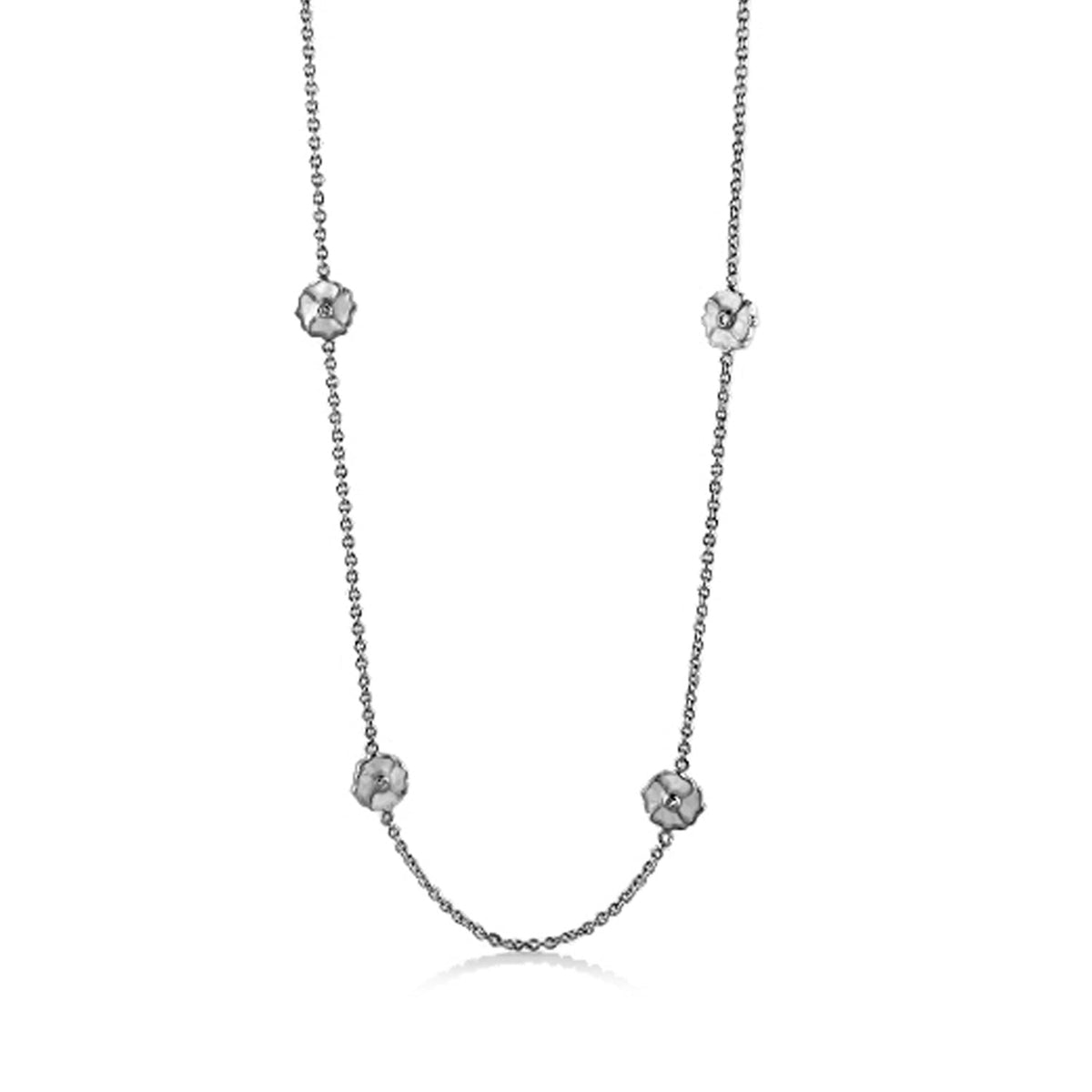Poppy Love Long Necklace by Lauren G Adams, silver-tone chain with spaced poppy flower charms on Tampa Home & Garden Store