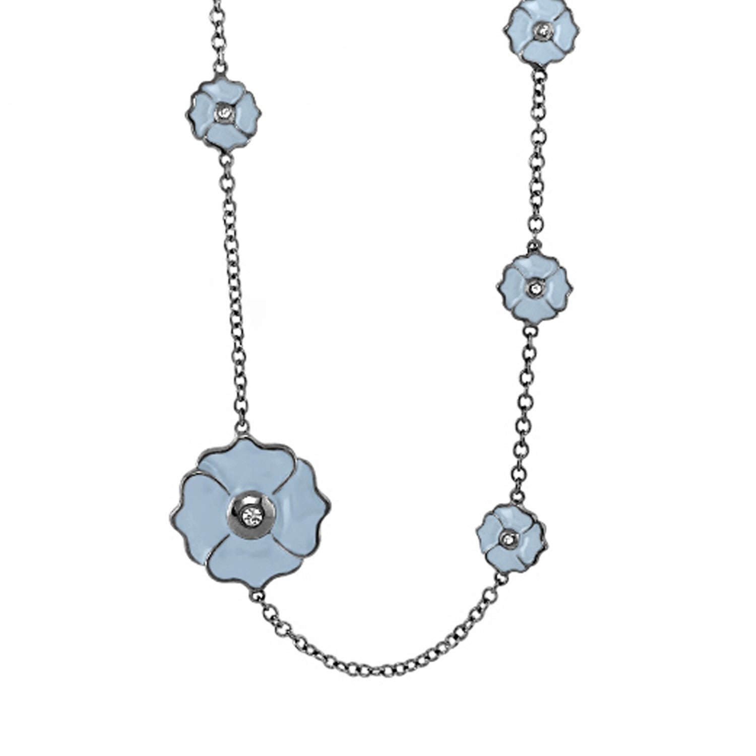 Poppy Love Long Necklace featuring light blue enamel poppy charms along a silver chain on Tampa Home & Garden Store