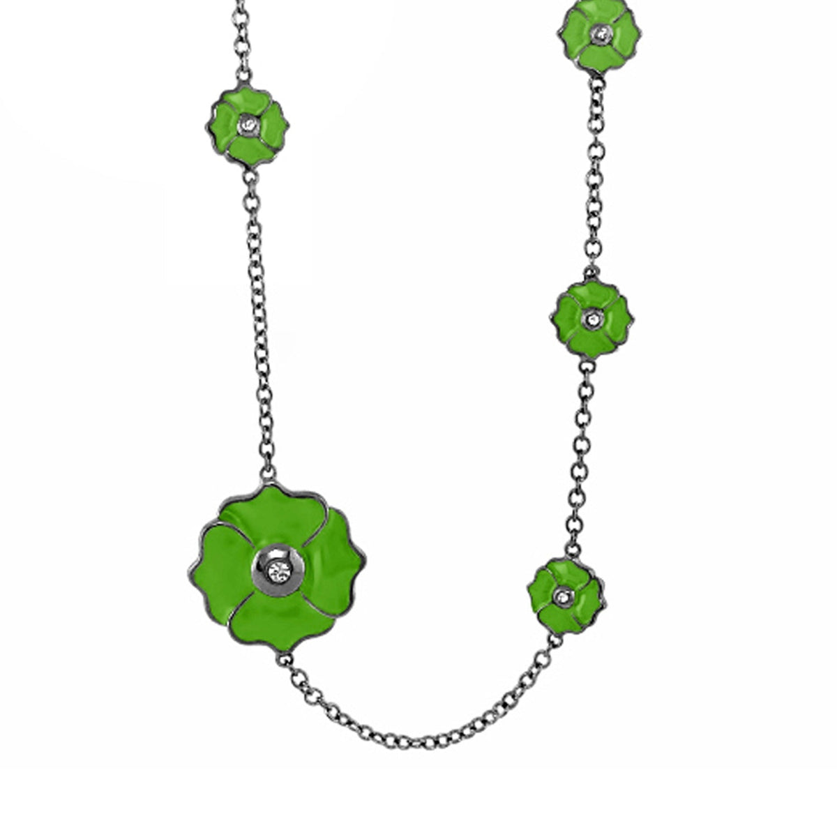Poppy Love Long Necklace by Lauren G Adams with green enamel poppy flowers on a silver chain on Tampa Home & Garden Store