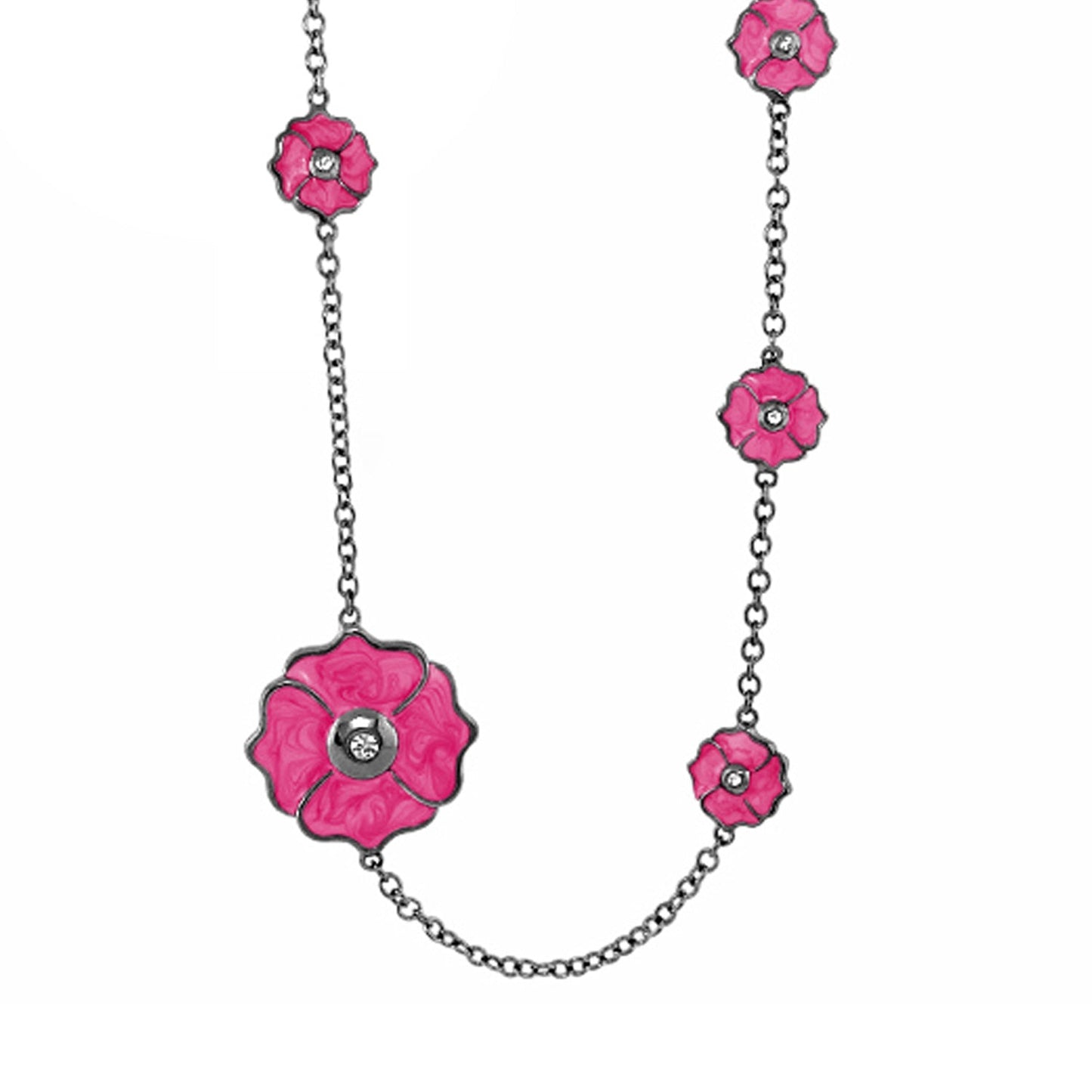 Poppy Love Long Necklace with pink enamel poppy charms on a silver chain on Tampa Home & Garden Store