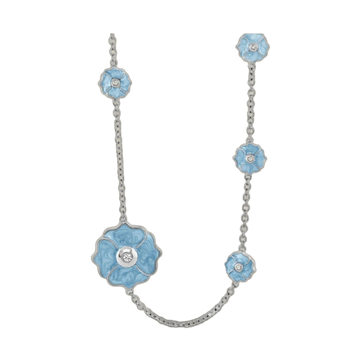 Poppy Love long necklace by Lauren G Adams with blue enamel flower charms on silver chain on Tampa Home & Garden Store