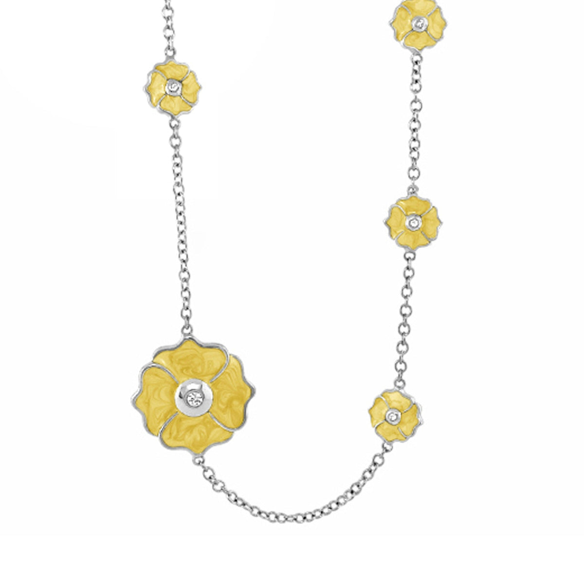 Poppy Love Long Necklace yellow enamel flowers on a silver chain with a large bloom pendant on Tampa Home & Garden Store