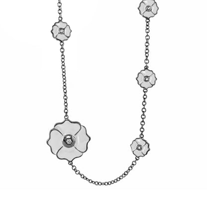 Poppy Love Long Necklace - silver-tone chain with floral poppy charms and crystal centers on Tampa Home & Garden Store