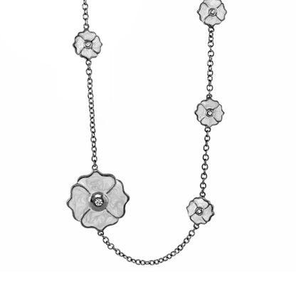 Poppy Love Long Necklace, silver tone chain with flower charms and rhinestone centers on Tampa Home & Garden Store